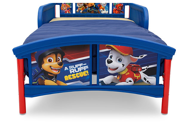 There's no job too big and no pup too small for Chase and this Nick Jr. PAW Patrol Plastic Toddler Bed by Delta Children. Adorable graphics feature Chase, Marshall, Rubble and all their furry friends. This sturdy toddler bed provides a safe sleep space that your little one will WANT to stay in all night long. Designed with attached guardrails and an easy in-and-out low height, this toddler bed meets JPMA, CPSC and ASTM safety standards, so you can feel secure with your growing child using it night after night.For any questions regarding delta children products, please contact consumersupport@deltachildren.com monday to friday, 8:30 a.m. To 6 p.m. (est) | Made of strong and sturdy wood | Sturdy steel frame | 2 attached guardrails; bed coordinates with cars bedding (sold separately) | Recommended for ages 15 months + | Holds up to 50 pounds | Uses standard crib mattress (sold separately) | Easy assembly