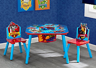 Your kid's favorite canines come to life on this PAW Patrol Table & Chair Set with Storage from Delta Children. Featuring colorful graphics of the coolest pack of heroic puppies and their tech-savvy leader, Ryder, the spacious tabletop with built-in storage in the center makes tackling homework, crafting or snack-time so much easier.For any questions regarding delta children products, please contact consumersupport@deltachildren.com monday to friday, 8:30 a.m. To 6 p.m. (est) | Made of wood, engineered wood, metal and fabric | Includes table and 2 chairs | Recommended for ages 3-6 | Each chair holds up to 50 pounds | Durable and easy-to-clean finish | Scratch-resistant finish protects the colorful graphics | Easy assembly