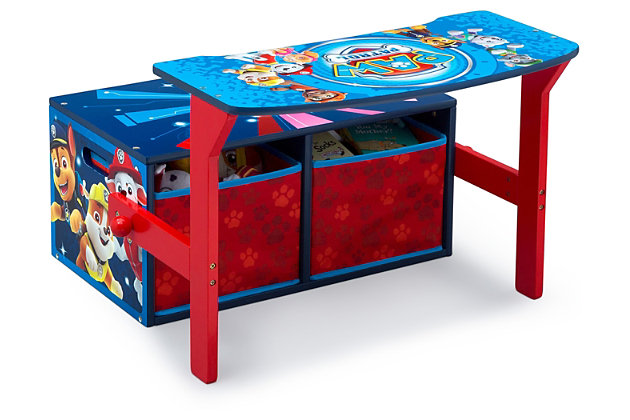 Bring action-packed adventure to your child’s space with the Nick Jr. PAW Patrol Activity Bench by Delta Children. With adorable artwork and a smart, multifunctional design, this is the paw-fect choice for your growing child. The incredibly versatile, 3-in-1 design converts from an activity bench with storage to a desk—seamlessly transitioning from playtime, to study time, crafts or even meal time—in seconds. Designed at an ideal, kid-sized height, the clever construction also boasts generous storage underneath with two fabric bins—perfect for organizing toys, books or art supplies. A must-have for any PAW fan, the piece helps bring animated excitement to any activity with its vibrant graphics of Chase, Marshall and the rest of the pack.For any questions regarding delta children products, please contact consumersupport@deltachildren.com monday to friday, 8:30 a.m. To 6 p.m. (est) | Made of wood, engineered wood, metal and fabric | Recommended for ages 3+ | 2 fabric bins | Easy assembly