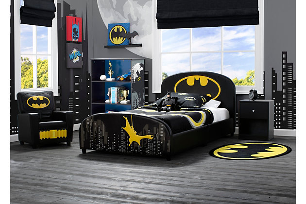 Even superheroes need a comfy place to sleep, and the Batman Upholstered Twin Bed from Delta Children is just right for the caped crusader in your life. Designed to add sleek style to any Batcave, this twin bed features a headboard and footboard adorned with the Bat logo, graphics of the Gotham City skyline and 3D applique of Batman’s silhouette. What makes this twin bed for kids even more super? It is constructed with a sturdy wood frame and upholstered in a faux leather fabric to create a cozy and secure sleep space for your little vigilante.Made of wood and faux leather fabric | Holds up to 350 pounds | Bed does not require a foundation/box spring | Fits standard twin mattress (sold separately) | Easy assembly | For any questions regarding delta children products, please contact consumersupport@deltachildren.com monday to friday, 8:30 a.m. To 6 p.m. (est)