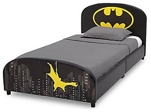 Even superheroes need a comfy place to sleep, and the Batman Upholstered Twin Bed from Delta Children is just right for the caped crusader in your life. Designed to add sleek style to any Batcave, this twin bed features a headboard and footboard adorned with the Bat logo, graphics of the Gotham City skyline and 3D applique of Batman’s silhouette. What makes this twin bed for kids even more super? It is constructed with a sturdy wood frame and upholstered in a faux leather fabric to create a cozy and secure sleep space for your little vigilante.Made of wood and faux leather fabric | Holds up to 350 pounds | Bed does not require a foundation/box spring | Fits standard twin mattress (sold separately) | Easy assembly | For any questions regarding delta children products, please contact consumersupport@deltachildren.com monday to friday, 8:30 a.m. To 6 p.m. (est)