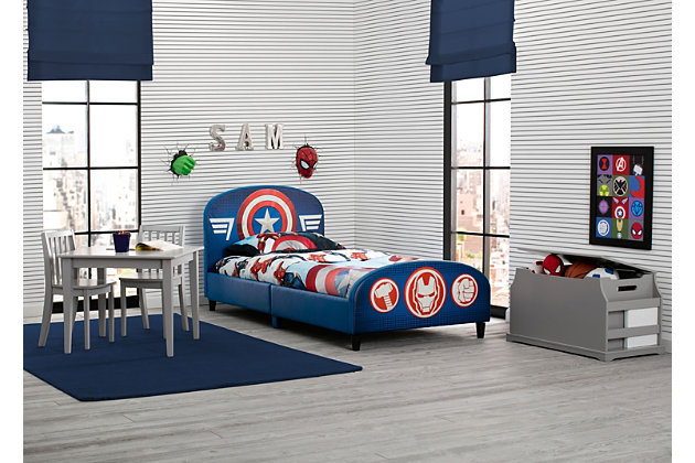 Inspire dreams of adventure and acts of courage with this Marvel Avengers Upholstered Twin Bed from Delta Children. Packed with POW, this cozy kids’ twin bed adds superhero style to your child’s bedroom with its bold graphics of Captain America’s shield and Thor’s hammer. Upholstered in a faux leather fabric, this sturdy bed provides your growing child with enduring comfort and adventure.Made of wood and faux leather fabric | Holds up to 350 pounds | Fits standard twin mattress (sold separately) | Bed does not require a foundation/box spring | Easy assembly | For any questions regarding delta children products, please contact consumersupport@deltachildren.com monday to friday, 8:30 a.m. To 6 p.m. (est)