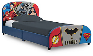 Rescue bedtime with Batman, Superman, Wonder Woman and Flash when your kid flies straight for the super-cool Justice League Upholstered Twin Bed from Delta Children. This action-packed twin bed features a headboard adorned with colorful graphics of the super hero team and a footboard with 3D appliques of their logos. What makes this twin bed for kids even more super? It is constructed with a sturdy wood frame and upholstered in a faux leather fabric to create a cozy and secure sleep space for your little vigilante.Made of wood and faux leather fabric | Holds up to 350 pounds | Fits standard twin mattress (sold separately) | Bed does not require a foundation/box spring | Easy assembly | For any questions regarding delta children products, please contact consumersupport@deltachildren.com monday to friday, 8:30 a.m. To 6 p.m. (est)