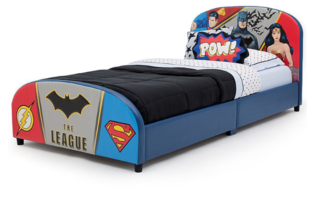 Rescue bedtime with Batman, Superman, Wonder Woman and Flash when your kid flies straight for the super-cool Justice League Upholstered Twin Bed from Delta Children. This action-packed twin bed features a headboard adorned with colorful graphics of the super hero team and a footboard with 3D appliques of their logos. What makes this twin bed for kids even more super? It is constructed with a sturdy wood frame and upholstered in a faux leather fabric to create a cozy and secure sleep space for your little vigilante.Made of wood and faux leather fabric | Holds up to 350 pounds | Fits standard twin mattress (sold separately) | Bed does not require a foundation/box spring | Easy assembly | For any questions regarding delta children products, please contact consumersupport@deltachildren.com monday to friday, 8:30 a.m. To 6 p.m. (est)