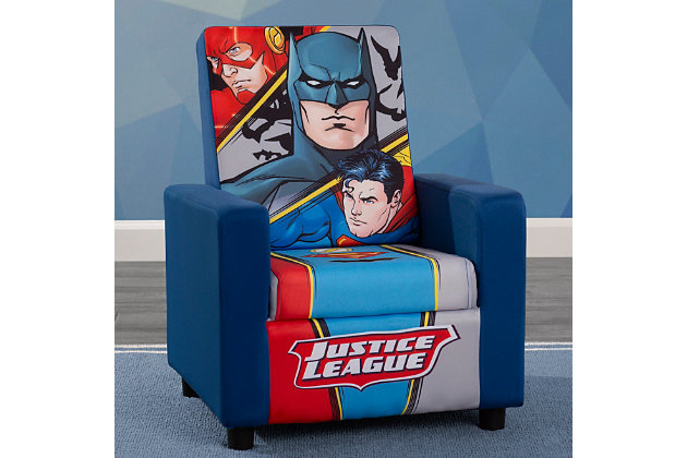 Your child’s favorite Justice League characters will always have their back. The DC Comics Justice League High Back Upholstered Chair from Delta Children features bold graphics of Batman, Superman and Flash for an action-packed design. A high, padded back and arms create a cozy, kid-sized spot perfect for your burgeoning superhero.For any questions regarding delta children products, please contact consumersupport@deltachildren.com monday to friday, 8:30 a.m. To 6 p.m. (est) | Made of wood, faux leather fabric and metal | Recommended for ages 18 months and up | Holds up to 100 pounds | Wipe clean with mild soap and water | No assembly required