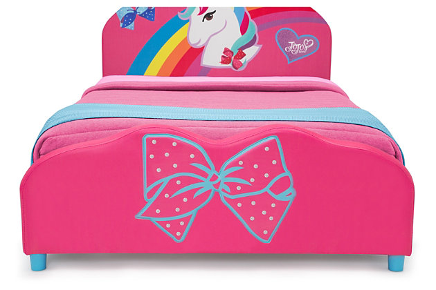 Encourage her to dream crazy big with the Nickelodeon JoJo Siwa Upholstered Twin Bed by Delta Children. The ultimate retreat for the JoJo Siwa fan, this twin bed bursts with character and girlish charm, boasting enchanting graphics of a unicorn and rainbow on the headboard while the footboard features 3D applique detailing of JoJo’s signature bow. A heart-shaped JoJo Siwa logo and pink tones further channel the bubbly spirit of your child’s favorite dance star. Fully upholstered in faux leather with a sturdy and durable hardwood frame, this item creates a cozy, magical and safe sleep space for the superstar in your life. It’s a super-cool place where she can nap, sleep or catch up on her favorite show, The JoJo & BowBow Show Show.Made of wood and faux leather fabric | Holds up to 350 pounds | Includes twin size headboard and footboard | Bed does not require a foundation/box spring | Fits standard twin mattress (sold separately) | Easy assembly | For any questions regarding delta children products, please contact consumersupport@deltachildren.com monday to friday, 8:30 a.m. To 6 p.m. (est)