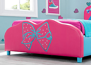 Encourage her to dream crazy big with the Nickelodeon JoJo Siwa Upholstered Twin Bed by Delta Children. The ultimate retreat for the JoJo Siwa fan, this twin bed bursts with character and girlish charm, boasting enchanting graphics of a unicorn and rainbow on the headboard while the footboard features 3D applique detailing of JoJo’s signature bow. A heart-shaped JoJo Siwa logo and pink tones further channel the bubbly spirit of your child’s favorite dance star. Fully upholstered in faux leather with a sturdy and durable hardwood frame, this item creates a cozy, magical and safe sleep space for the superstar in your life. It’s a super-cool place where she can nap, sleep or catch up on her favorite show, The JoJo & BowBow Show Show.Made of wood and faux leather fabric | Holds up to 350 pounds | Includes twin size headboard and footboard | Bed does not require a foundation/box spring | Fits standard twin mattress (sold separately) | Easy assembly | For any questions regarding delta children products, please contact consumersupport@deltachildren.com monday to friday, 8:30 a.m. To 6 p.m. (est)
