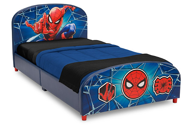 This Marvel Spider-Man Upholstered Twin Bed from Delta Children offers the ultimate retreat for your superhero-in–training. Featuring your child’s favorite web-slinging superhero, the headboard is adorned with vibrant, dynamic graphics of Spider-Man while the footboard has 3D applique detailing of his mask and web. Fully upholstered in faux leather with a sturdy and durable hardwood frame, this bed adds some crime-fighting adventure to their sleep space. Cozy, durable and colorful, it’s the perfect twin bed for the hero in your life.Made of wood and faux leather fabric | Holds up to 350 pounds | Includes twin size headboard and footboard | Bed does not require a foundation/box spring | Easy assembly | For any questions regarding delta children products, please contact consumersupport@deltachildren.com monday to friday, 8:30 a.m. To 6 p.m. (est)