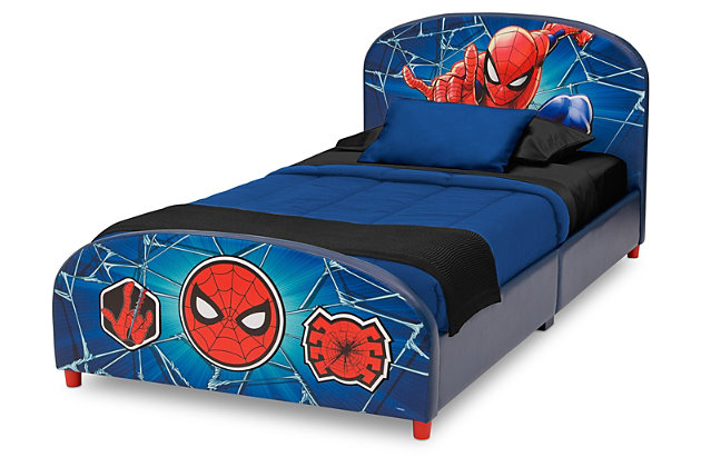 This Marvel Spider-Man Upholstered Twin Bed from Delta Children offers the ultimate retreat for your superhero-in–training. Featuring your child’s favorite web-slinging superhero, the headboard is adorned with vibrant, dynamic graphics of Spider-Man while the footboard has 3D applique detailing of his mask and web. Fully upholstered in faux leather with a sturdy and durable hardwood frame, this bed adds some crime-fighting adventure to their sleep space. Cozy, durable and colorful, it’s the perfect twin bed for the hero in your life.Made of wood and faux leather fabric | Holds up to 350 pounds | Includes twin size headboard and footboard | Bed does not require a foundation/box spring | Easy assembly | For any questions regarding delta children products, please contact consumersupport@deltachildren.com monday to friday, 8:30 a.m. To 6 p.m. (est)