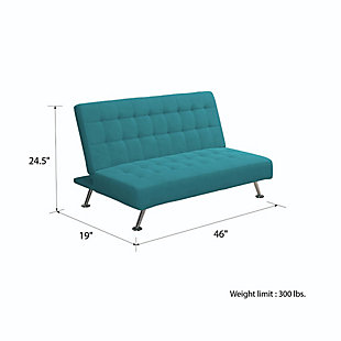 Add a pop of color to any room with the Atwater Living Mandy Kids Sofa Futon. This futon makes the perfect addition to any bedroom, living room or spare room. Offering great versatility, this futon can easily adjust and convert into a lounger or bed within seconds. Built with a strong frame, this futon offers a practical solution for overnight guests. Whether it be used for sleeping, watching television, reading or simply lounging around, your child will make good use of this futon.Made of wood, microfiber | Chrome-tone legs | Converts easily from bed to futon | Weight limit 200 pounds | Packaged in 1 box for easy handling; pieces concealed in hidden compartment | Wipes clean | Easy assembly