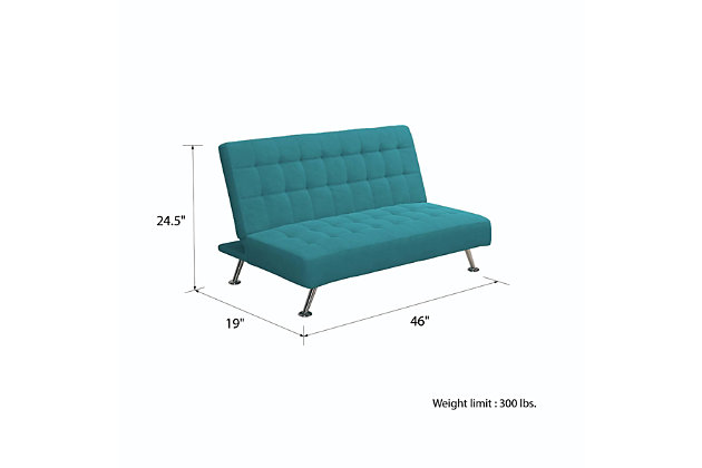 Add a pop of color to any room with the Atwater Living Mandy Kids Sofa Futon. This futon makes the perfect addition to any bedroom, living room or spare room. Offering great versatility, this futon can easily adjust and convert into a lounger or bed within seconds. Built with a strong frame, this futon offers a practical solution for overnight guests. Whether it be used for sleeping, watching television, reading or simply lounging around, your child will make good use of this futon.Made of wood, microfiber | Chrome-tone legs | Converts easily from bed to futon | Weight limit 200 pounds | Packaged in 1 box for easy handling; pieces concealed in hidden compartment | Wipes clean | Easy assembly