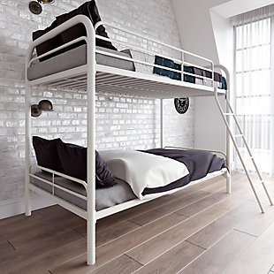 Maximize your living space and sleep in high style with the Atwater Living Eeva Twin over Twin Metal Bunk Bed. When limited floor space is an issue, going vertical is a clever solution. These beds take on a sleek and streamlined silhouette with their simplistic and clean frame crafted from sturdy metal. A solid, shimmery finish helps this bunk bed blend seamlessly into any bedroom interior. A minimalistic ladder on the side lends a hand when it is time to hop into the bed above, while the safety guardrails provide full support for the sleeper as they snooze through the night.Made of metal | Accommodates 2 twin mattresses (sold separately) | Top bed includes guardrails | Front ladder attaches to bed | Ships in 1 box | Easy assembly