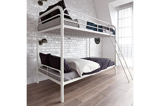 Maximize your living space and sleep in high style with the Atwater Living Eeva over Metal Bunk Bed. When limited floor space is an issue, going vertical is a clever solution. These beds take on a sleek and streamlined silhouette with their simplistic and clean frame crafted from sturdy metal. A solid, shimmery finish helps this bunk bed blend seamlessly into any bedroom interior. A minimalistic ladder on the side lends a hand when it is time to hop into the bed above, while the safety guardrails provide support for the sleeper as they snooze through the night.Made of metal | Accommodates 2 mattresses (sold separately) | Top bed includes guardrails | Front ladder attaches to bed | Ships in 1 box | Easy assembly