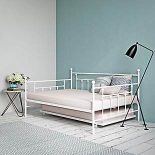 Style and functionality matter when it comes to the Atwater Living Maisie Daybed and Trundle. Inspired by Victorian architecture, this clever, space-saving bed provides a trundle that neatly tucks away under the daybed. Add in a modern vintage sensibility with the clean, straight lines and rounded finial touches this daybed offers. The engineered bedframe is constructed to provide ample support and air circulation—no box spring required.Made of metal | Sturdy metal frame on daybed and trundle | Bed and trundle designed to fit 1 standard twin mattress (sold separately); | Heavy duty steel slat support system; additional foundation and box spring not required | Trundle with 4 easy-glide casters; 2 locking and 2 non-locking | Assembly required
