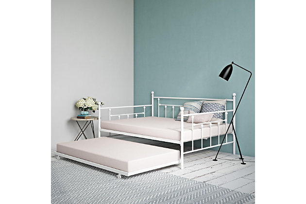 Style and functionality matter when it comes to the Atwater Living Maisie Daybed and Trundle. Inspired by Victorian architecture, this clever, space-saving bed provides a trundle that neatly tucks away under the daybed. Add in a modern vintage sensibility with the clean, straight lines and rounded finial touches this daybed offers. The engineered bedframe is constructed to provide ample support and air circulation—no box spring required.Made of metal | Sturdy metal frame on daybed and trundle | Bed and trundle designed to fit 1 standard twin mattress (sold separately); | Heavy duty steel slat support system; additional foundation and box spring not required | Trundle with 4 easy-glide casters; 2 locking and 2 non-locking | Assembly required