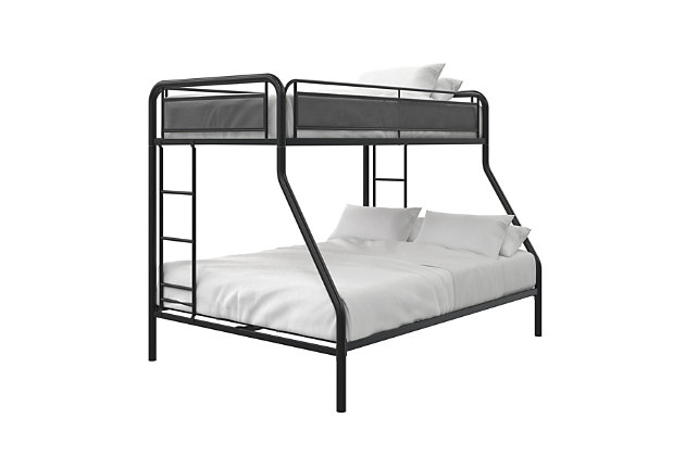 Modern and stylish, the Atwater Living Danforth Twin-Over-Full Bunk Bed is the perfect addition to any child’s bedroom. Whether for siblings or sleepovers, this space-saving solution allows your children to have more room to play. With a full-size bottom bunk, it can be placed in your guest room or cottage for that much-needed additional sleeping space. Safety features  like full-length metal guardrails with stylish mesh panels and two integrated ladders for safe and easy access to the top bunk make this an easy choice for your home.Made of metal | Sturdy metal frame with sleek finish | Includes 2 integrated side ladders | Bed designed to fit 1 standard twin mattress and one full mattress on bottom bunk (sold separately) | Features 2 guardrails with mesh panels | Ships in 1 box | Easy assembly