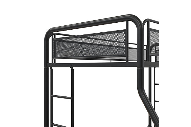 Modern and stylish, the Atwater Living Danforth Twin-Over-Full Bunk Bed is the perfect addition to any child’s bedroom. Whether for siblings or sleepovers, this space-saving solution allows your children to have more room to play. With a full-size bottom bunk, it can be placed in your guest room or cottage for that much-needed additional sleeping space. Safety features  like full-length metal guardrails with stylish mesh panels and two integrated ladders for safe and easy access to the top bunk make this an easy choice for your home.Made of metal | Sturdy metal frame with sleek finish | Includes 2 integrated side ladders | Bed designed to fit 1 standard twin mattress and one full mattress on bottom bunk (sold separately) | Features 2 guardrails with mesh panels | Ships in 1 box | Easy assembly