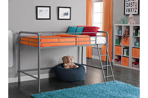 With the Atwater Living Cora Junior Metal Loft Bed, your room will instantly feel like you have more bedroom space. This modern loft bed is versatile as the under-bed area can be used for anything from a study-space with a desk to a playroom area with a toybox. The sturdy metal frame ensures support, stability and durability with no requirement for any additional foundation. This space-saving bedding option is perfect for small living spaces, college dorms and studio apartments.Made of metal | Sturdy metal frame with built-in ladder | Holds up to 200 pounds | Bed designed to fit 1 standard twin mattress (sold separately) | Full length guardrails | Slat kit included | Assembly required