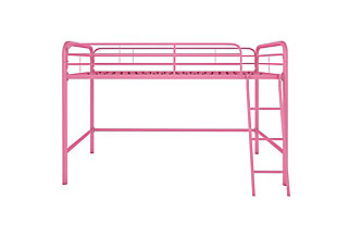With the Atwater Living Cora Junior Metal Loft Bed, your room will instantly feel like you have more bedroom space. This modern loft bed is versatile as the under-bed area can be used for anything from a study-space with a desk to a playroom area with a toybox. The sturdy metal frame ensures support, stability and durability with no requirement for any additional foundation. This space-saving bedding option is perfect for small living spaces, college dorms and studio apartments.Made of metal | Sturdy metal frame with built-in ladder | Holds up to 200 pounds | Bed designed to fit 1 standard twin mattress (sold separately) | Full length guardrails | Slat kit included | Assembly required