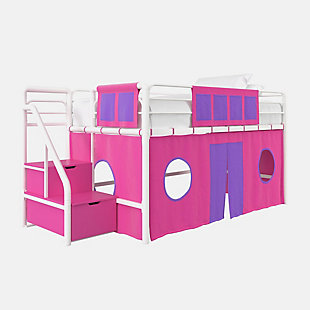 Kids Junior Twin Loft Bed with Storage Steps and Pink House Curtain Set, , large