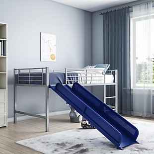 Kids Junior Twin Loft Bed with Slide, Blue/Silver Finish, rollover