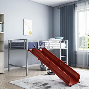 Kids Junior Twin Loft Bed with Slide, Red/Silver Finish, rollover