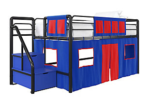 Kids Junior Twin Loft Bed with Storage Steps and Blue House Curtain Set, , rollover