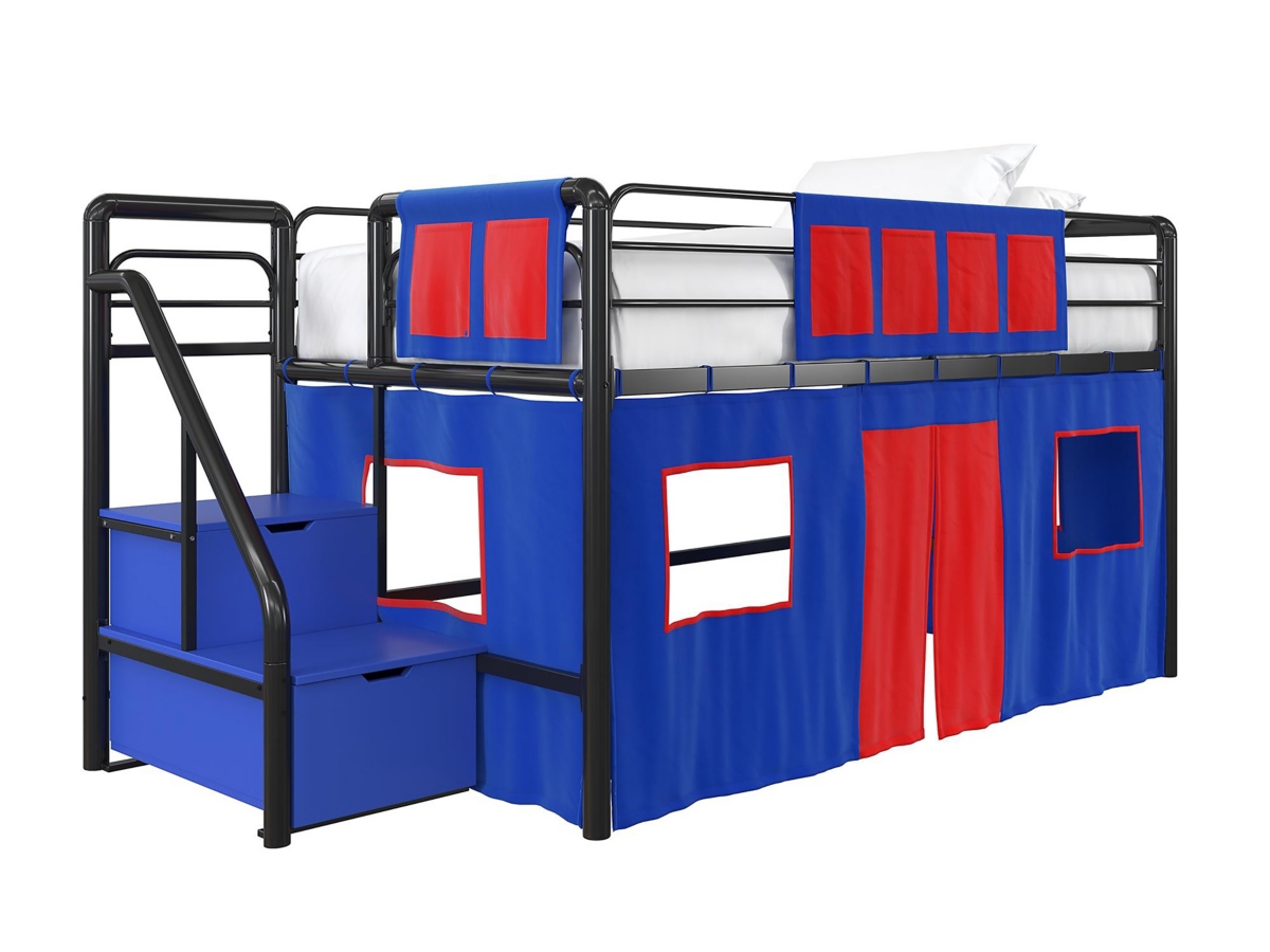 Kids Junior Twin Loft Bed with Storage Steps and Blue House Curtain Set Ashley