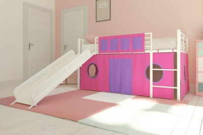 Kids Junior Twin Loft Bed With Storage Steps And Pink House Curtain Set Ashley Furniture Homestore