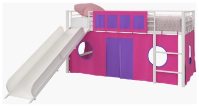 Kids Junior Twin Loft Bed With Storage Steps And Pink House Curtain Set Ashley Furniture Homestore