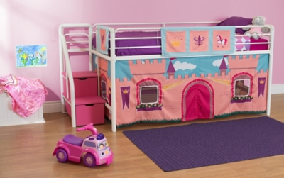 Kids Junior Twin Loft Bed With Storage Steps And Princess Castle Curtain Set Ashley Furniture Homestore