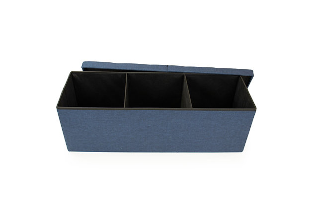 Loaded with possibilities, this folding storage bench makes itself useful in so many ways. Spacious interior includes three compartments to organize everything from linens and throws, to toys and electronics. Padded cushion provides for additional seating or a place to kick up your heels. Easy-open lid provides two-sided access to the storage unit. Foldable/collapsible design allows you to tuck it away when not in use.Made of engineered wood | Polyester fabric over foam cushioned tufted seat | Opens from both sides (no need to remove entire top to access storage) | Dividers provide 3 storage compartments | Collapsible design (folds flat for under bed/closet storage) | Supports up to 330 lbs. When used for seating