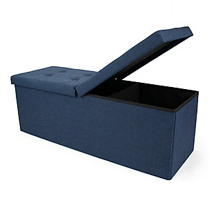 Loaded with possibilities, this folding storage bench makes itself useful in so many ways. Spacious interior includes three compartments to organize everything from linens and throws, to toys and electronics. Padded cushion provides for additional seating or a place to kick up your heels. Easy-open lid provides two-sided access to the storage unit. Foldable/collapsible design allows you to tuck it away when not in use.Made of engineered wood | Polyester fabric over foam cushioned tufted seat | Opens from both sides (no need to remove entire top to access storage) | Dividers provide 3 storage compartments | Collapsible design (folds flat for under bed/closet storage) | Supports up to 330 lbs. When used for seating