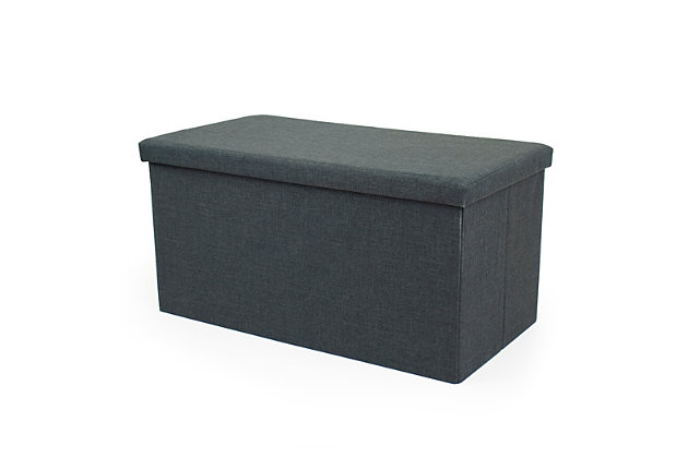 Fun and functional, this foldable storage ottoman with tray is a high-style, space-saving solution. You’ll flip for the 2-in-1 top with a cushioned side for comfort and a built-in tray on the other side for use as coffee table. Plus, there’s plenty of interior storage for everything from blankets and linens, to electronics and toys.Made of engineered wood | Polyester fabric over foam cushioned seat | Collapsible design (folds flat for under bed/closet storage) | Removable top flips to reveal tray (for use as a table) | Supports up to 330 lbs. When used for seating | Minor assembly