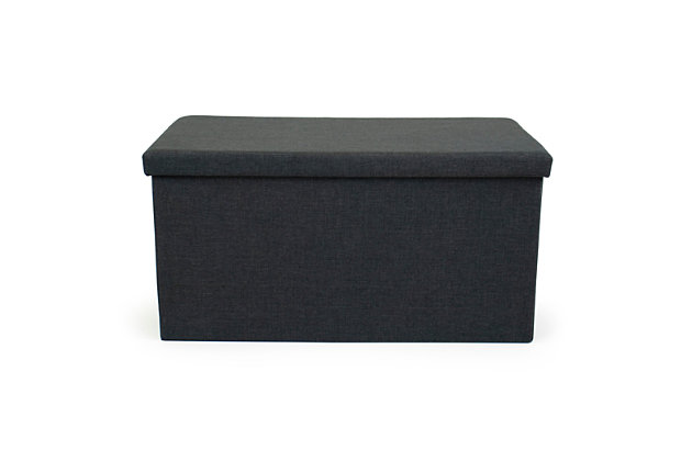 Fun and functional, this foldable storage ottoman with tray is a high-style, space-saving solution. You’ll flip for the 2-in-1 top with a cushioned side for comfort and a built-in tray on the other side for use as coffee table. Plus, there’s plenty of interior storage for everything from blankets and linens, to electronics and toys.Made of engineered wood | Polyester fabric over foam cushioned seat | Collapsible design (folds flat for under bed/closet storage) | Removable top flips to reveal tray (for use as a table) | Supports up to 330 lbs. When used for seating | Minor assembly