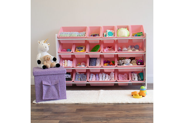 Playtime is a lot more fun—for you and them—when your kids can easily take out their toys, books and games, and clean up in no time. Supersized to offer 40% more storage than typical toy organizers, the Humble Crew extra-large toy organizer with 20 storage bins is an absolute essential for your family room, kids’ room or play area.Sturdy engineered wood frame with reinforced steel dowels | 20 durable/removable/interchangeable plastic bins (16 standard; 4 large) | 4-tier design | Bpa/phthalate free; easy to clean | 20 lb. (per level) weight capacity | Some assembly required