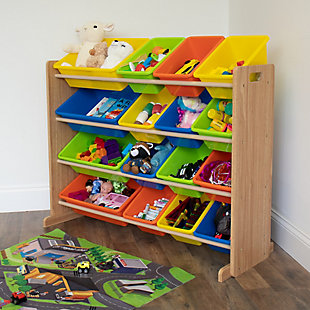 Playtime is a lot more fun—for you and them—when your kids can easily take out their toys, books and games, and clean up in no time. Supersized to offer 25% more storage than typical toy organizers, the Humble Crew extra-large toy organizer with 16 storage bins is an absolute essential for your family room, kids’ room or play area.Sturdy engineered wood frame with reinforced steel dowels | 16 durable/removable/interchangeable plastic bins (12 standard; 4 large) | 4-tier design | Bpa/phthalate free; easy to clean | 20 lb. (per level) weight capacity | Some assembly required