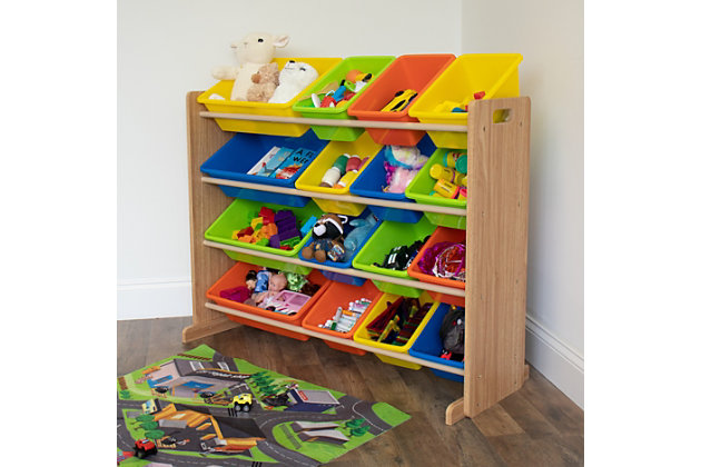 Playtime is a lot more fun—for you and them—when your kids can easily take out their toys, books and games, and clean up in no time. Supersized to offer 25% more storage than typical toy organizers, the Humble Crew extra-large toy organizer with 16 storage bins is an absolute essential for your family room, kids’ room or play area.Sturdy engineered wood frame with reinforced steel dowels | 16 durable/removable/interchangeable plastic bins (12 standard; 4 large) | 4-tier design | Bpa/phthalate free; easy to clean | 20 lb. (per level) weight capacity | Some assembly required