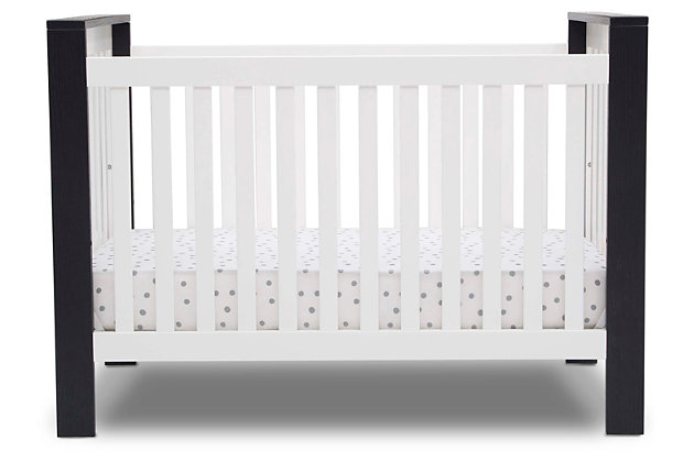 The Miles 4-in-1 Convertible Baby Crib by Delta Children marries modern design and rustic charm. Grounded by slab legs, the contemporary shape of this crib is framed in contrasting trim that is slightly textured for an earthy touch. Built to stylishly accommodate each stage in your child's life, this crib features three convenient mattress heights that can be lowered as your baby grows—and when your child is ready to independently get in and out of bed, just add the conversion rail to transform this sleek crib into a toddler bed, daybed or sofa.For any questions regarding delta children products, please contact consumersupport@deltachildren.com monday to friday, 8:30 a.m. To 6 p.m. (est) | Made of wood and metal | Converts to a toddler bed (guardrail not included, sold separately), daybed and sofa | Pair this crib with any delta children pieces in matching colors to complete your baby's nursery | Adjustable height mattress support with 3 convenient positions to grow with your baby | Uses a standard size crib mattress (sold separately) | Assembly required