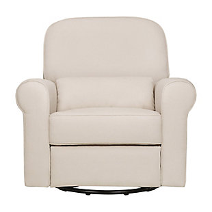 Cradle your baby for comfortable late night feedings in the Ruby recliner and glider by DaVinci. A spacious seating option, the Ruby with 360-swivel motion includes a gentle forward/backward gliding motion when not reclined. With soft and durable heathered polyester upholstery and plush armrests, the Ruby is designed for ease of use well beyond the nursery years. A matching lumbar pillow is included for additional back support and comfort.Polyester fabric | Metal base | Smooth reclining function with popup leg rest and leaning backrest | Plush armrests for comfortable feedings | 360-degree swivel | Gentle gliding motion | Firm back with lumbar pillow for extra lower back support | Meets all CA TB117-2013 flammability requirements