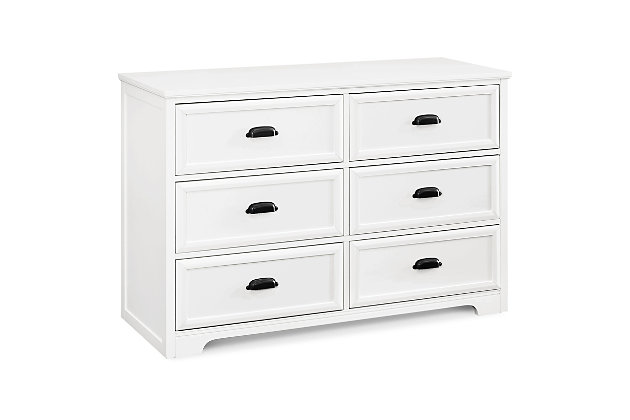 Merging classic Americana styling with a modern farmhouse aesthetic, the Charlie Homestead double dresser has wonderful staying power. Six spacious drawers offer plenty of room for clothes, blankets and more.Made of pine wood and TSCA-compliant engineered wood | Cup style drawer pulls | Metal drawer glides with stop mechanisms for added safety; anti-tip kit included | Meets ASTM international and U.S. CPSC safety standards | Finished in non-toxic, multi-step painting process, lead and phthalate safe