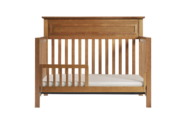 Complementing the Autumn dresser, the Autumn 4-in-1 convertible crib combines versatility with functionality. This 4-in-1 crib easily converts to a toddler bed, daybed and full size bed, so it can grow with your child from infancy into their teenage years. With its high headboard, sturdy slats and refined moulding, this crib is sure to look right at home, whether your style is modern farmhouse or American classic.Made of pine wood and TSCA-compliant engineered wood | Converts to toddler bed, daybed and full-size bed | Meets ASTM international and U.S. CPSC safety standards | Finished in non-toxic, multi-step painting process, lead and phthalate safe | GREENGUARD Gold Certified; screened for 360 VOCs and over 10,000 chemicals | Mattress available, sold separately | Assembly required