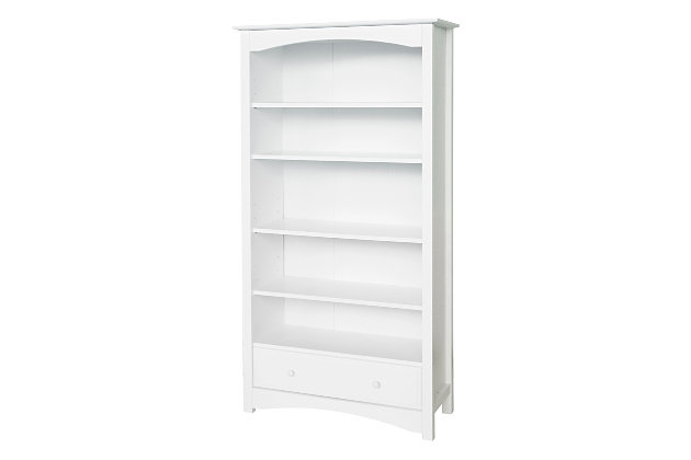 The MDB bookcase offers plenty of storage options with its five adjustable shelves and one smooth and spacious drawer. Keeping your child's favorite books and toys handy, the bookcase brings timeless charm to his or her room with classic lines and gentle curves. The MDB bookcase is available in five rich and traditional finishes. Its versatile style complements a wide range of nursery decor.Made of pine wood and TSCA-compliant engineered wood | Five adjustable shelves with a spacious bottom drawer | Stop mechanism on drawer for added safety and anti-tip kit included | Meets ASTM international and U.S. CPSC safety standards | Finished in non-toxic, multi-step painting process, lead and phthalate safe | Assembly required