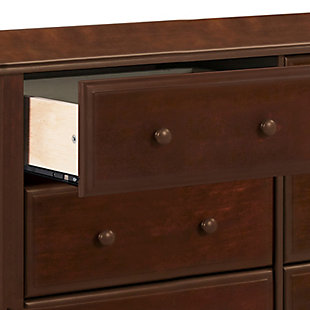 Simply sophisticated, the Jayden 6-drawer double dresser is a high-style  storage solution for any nursery or bedroom. Whether your personal aesthetic is modern farmhouse or American classic, this chic dresser has a sense of versatility and richly rustic presence that always looks right at home.Made of pine wood and TSCA-compliant engineered wood | Wooden drawer knobs | Metal drawer glides with stop mechanisms for added safety; anti-tip kit included | Meets ASTM international and U.S. CPSC safety standards | Finished in non-toxic, multi-step painting process, lead and phthalate safe