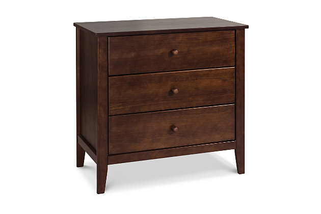 Sporting a decidedly clean profile that looks right at home, whether your style is farmhouse or contemporary, the Carter’s Morgan 3-drawer dresser is such a welcome addition in the nursery or bedroom. Coordinates with the Carter’s Morgan crib, Connor crib, Kenzie crib, and Morgan 6-drawer dresser.Made of pine wood and engineered wood | Wooden drawer knobs | Metal drawer glides with stop mechanisms for added safety; anti-tip kit included | Meets ASTM international and U.S. CPSC safety standards | Finished in non-toxic, multi-step painting process, lead and phthalate safe
