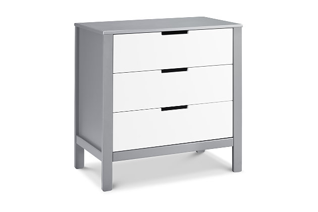 The Carter’s Colby 3-drawer dresser masters a minimalist look with open finger pulls and a streamlined, modern aesthetic. Coordinates with the Carter’s Colby crib, Taylor crib and Colby 6-drawer dresser. So nice to have in the nursery, it’s got a sophisticated style that’ll work wonders in your bedroom, too.Made of pine wood and engineered wood | Open finger drawer pulls | Metal drawer glides with stop mechanisms for added safety; anti-tip kit included | Meets ASTM international and U.S. CPSC safety standards | Finished in non-toxic, multi-step painting process, lead and phthalate safe