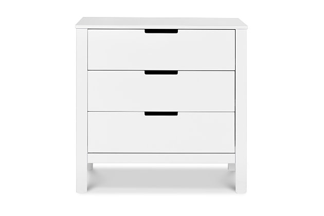 The Carter’s Colby 3-drawer dresser masters a minimalist look with open finger pulls and a streamlined, modern aesthetic. Coordinates with the Carter’s Colby crib, Taylor crib and Colby 6-drawer dresser. So nice to have in the nursery, it’s got a sophisticated style that’ll work wonders in your bedroom, too.Made of pine wood and engineered wood | Open finger drawer pulls | Metal drawer glides with stop mechanisms for added safety; anti-tip kit included | Meets ASTM international and U.S. CPSC safety standards | Finished in non-toxic, multi-step painting process, lead and phthalate safe