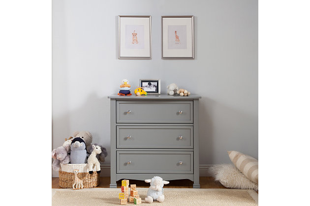 The Kalani 3-drawer dresser is the smart storage solution for the classic Kalani, Emily and Porter nursery collections. Three spacious drawers provide ample storage to organize all of baby’s necessities, while its thoughtful design ensures a style fit for any nursery or bedroom. Brilliant details of this dresser include recessed front drawer panels, a gently curved apron front and curved top sides.Made of pine wood and TSCA-compliant engineered wood | Metal hardware | Metal drawer glides with stop mechanisms for added safety; anti-tip kit included | Meets ASTM international and U.S. CPSC safety standards | Finished in non-toxic, multi-step painting process, lead and phthalate safe