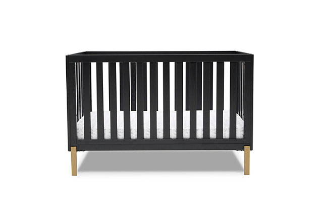Shake things up in your nursery with the mixed material design of the Hendrix 4-in-1 convertible baby crib by Delta Children. The pine wood construction brings warmth while the shiny bronze-tone legs add a modern, rock and roll flair. Designed to accommodate your growing child, this crib features a three-position adjustable mattress support. Set the mattress at the highest height for your newborn baby, and lower when they begin to sit or stand. And thanks to an easy-to-use toddler guard rail (sold separately), this crib isn’t just a bronzed beauty, it’s the only bed your little one will need. Transform it into a toddler bed when the time is right, and then to a stylish daybed when they’re ready for a little more independence. Underneath the crib there’s enough space to fit the coordinating under crib storage drawer (sold separately).Made of pine wood, jpma-compliant engineered wood and metal | Mattress platform offers three adjustable height options to accommodate your growing baby | Meets astm international and u.s. Cpsc safety standards | Bronze-tone metal base | Converts to toddler bed, daybed and sofa (conversion kits sold separately) | Assembly required | For any questions regarding delta children products, please contact consumersupport@deltachildren.com monday to friday, 8:30 a.m. To 6 p.m. (est)