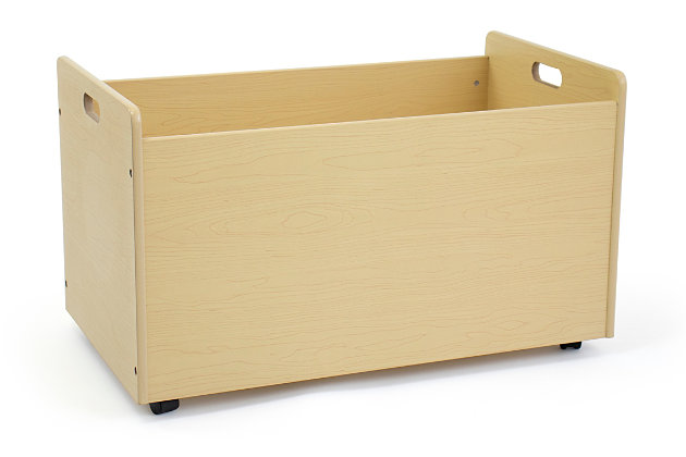 Let them be the little king or queen of their castle (or playroom) with this rolling toy box. Large and roomy storage compartment gives them plenty of space to put everything away. Equipped with easy rolling casters for mobility, this natural finish wood toy box is the perfect storage solution for bedrooms, nurseries or family rooms.Made of engineered wood | Natural wood tone finish | Measures 21.17" w x 15.75"d x 16.14" h | 4 smooth-rolling single direction casters | Kid-friendly rounded corners | Assembly required